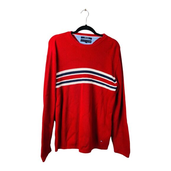 Tommy Hilfiger Mens Ribbed Knit Pullover Sweater Striped Long Sleeve Red Large - Picture 1 of 7